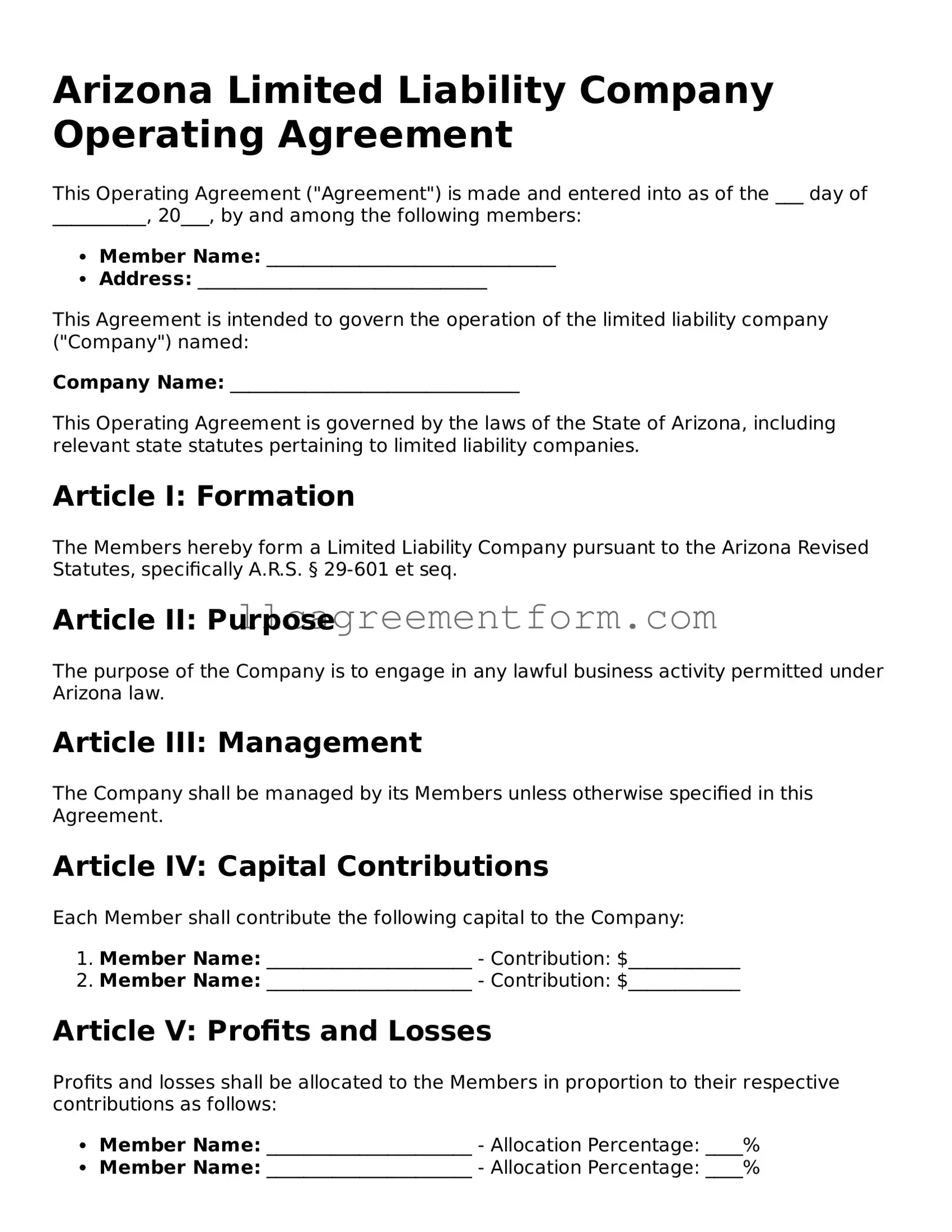 Free  Operating Agreement Document for Arizona