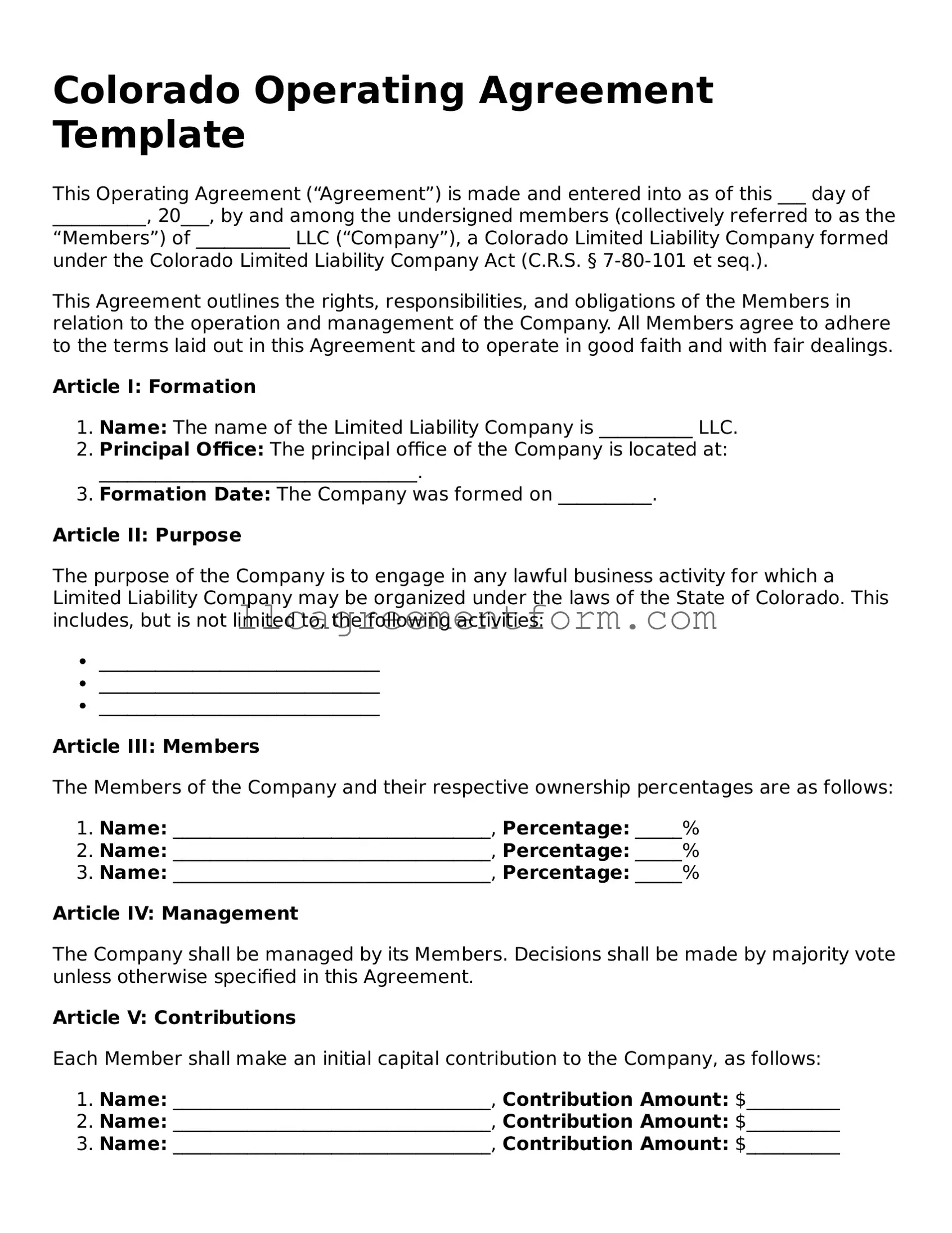 Free Operating Agreement Document for Colorado