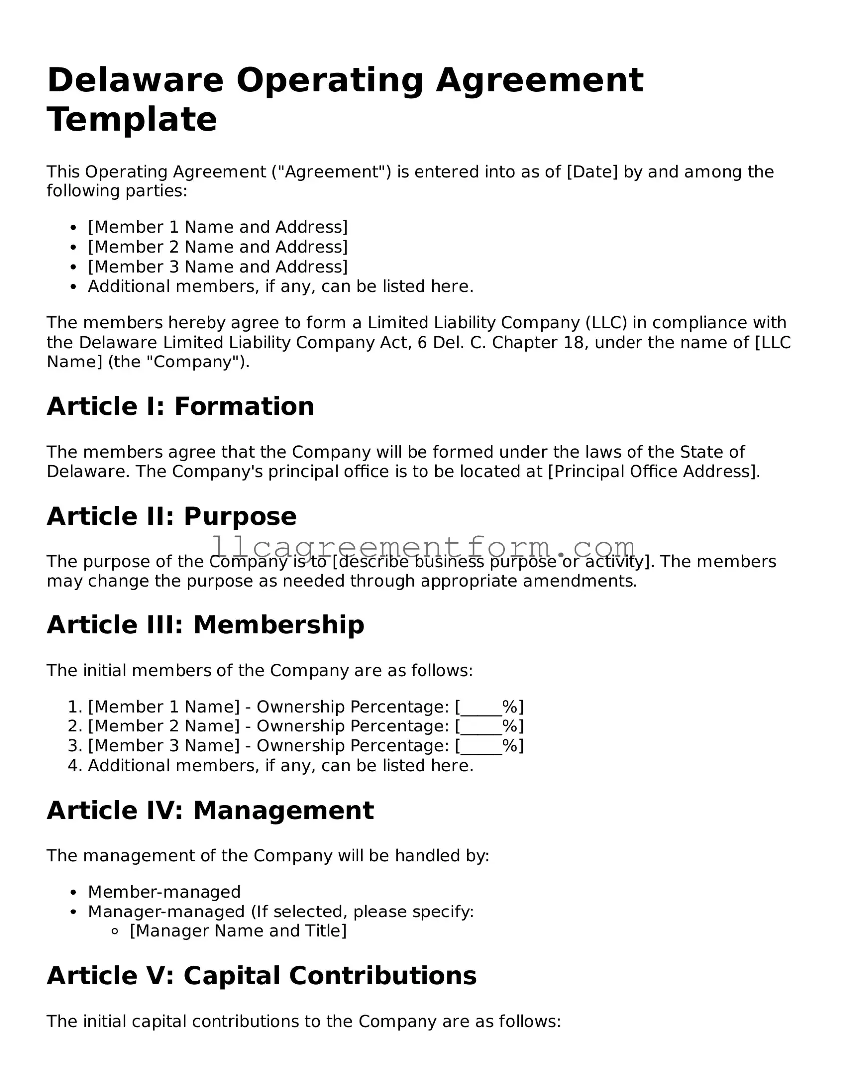 Free  Operating Agreement Document for Delaware