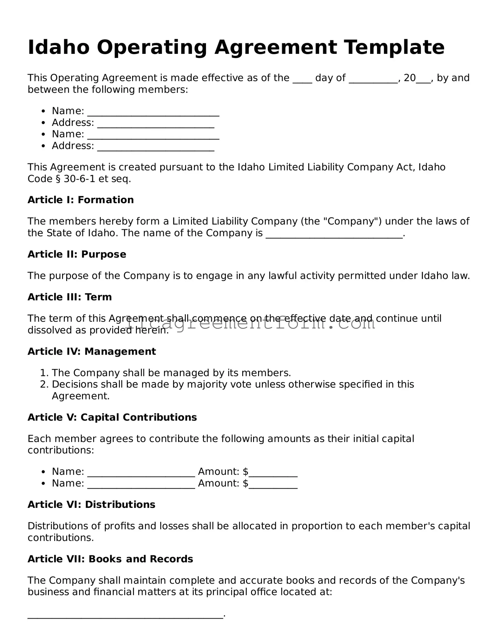 Free Operating Agreement Document for Idaho