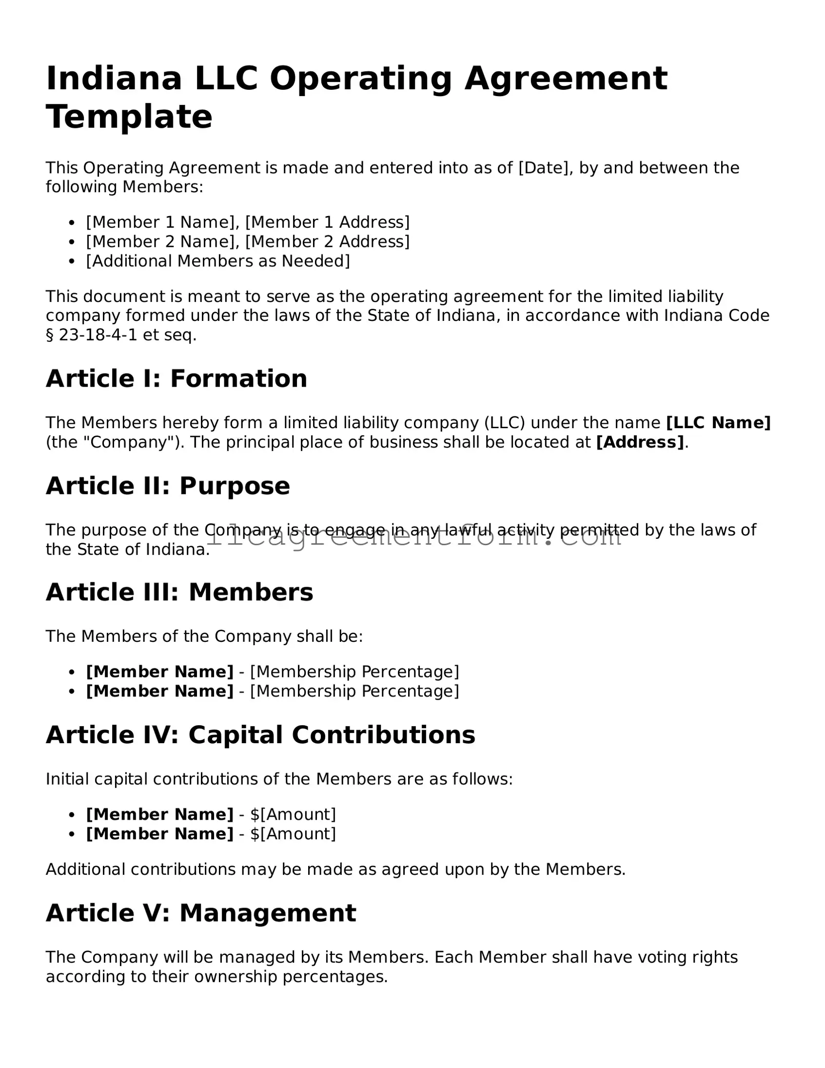 Free Operating Agreement Document for Indiana