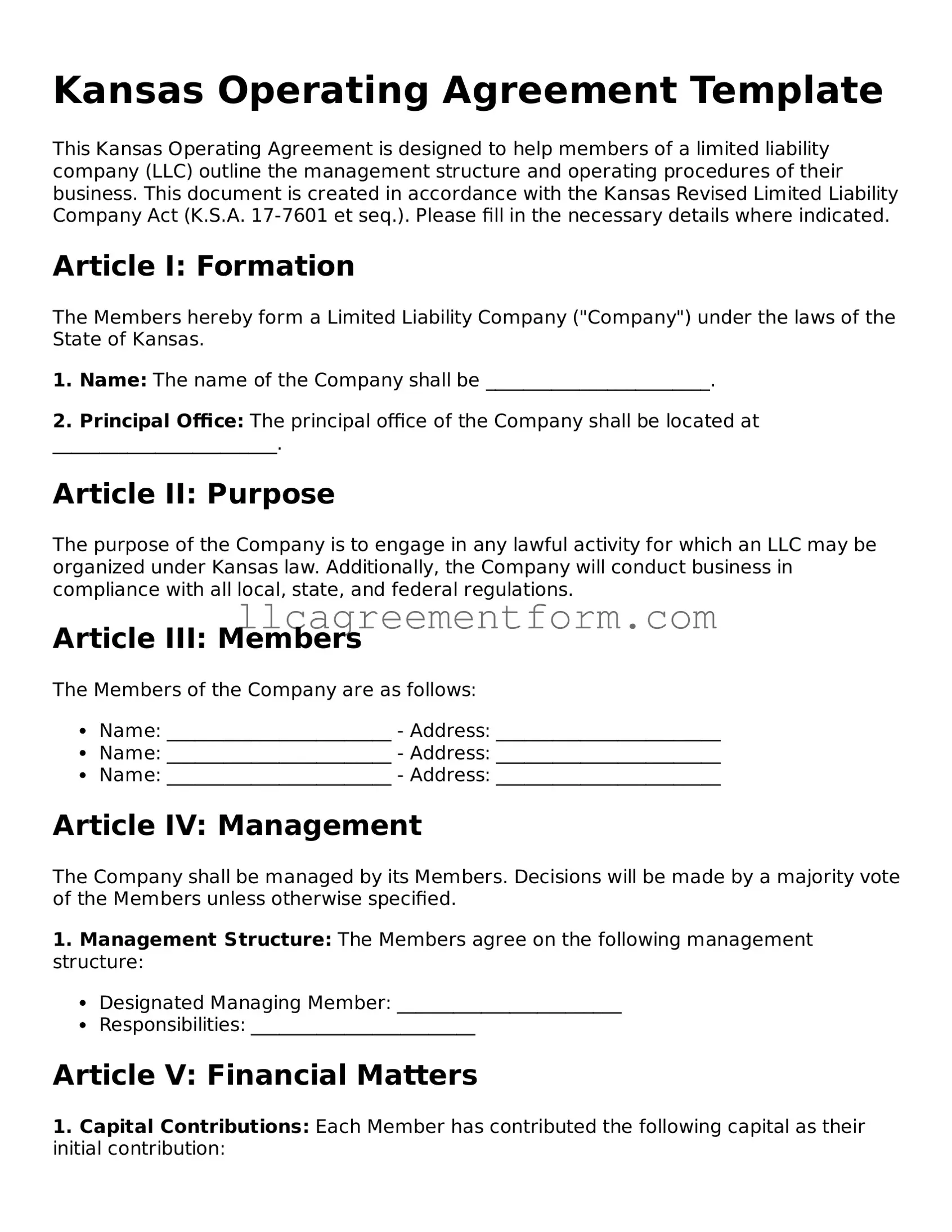 Free Operating Agreement Document for Kansas