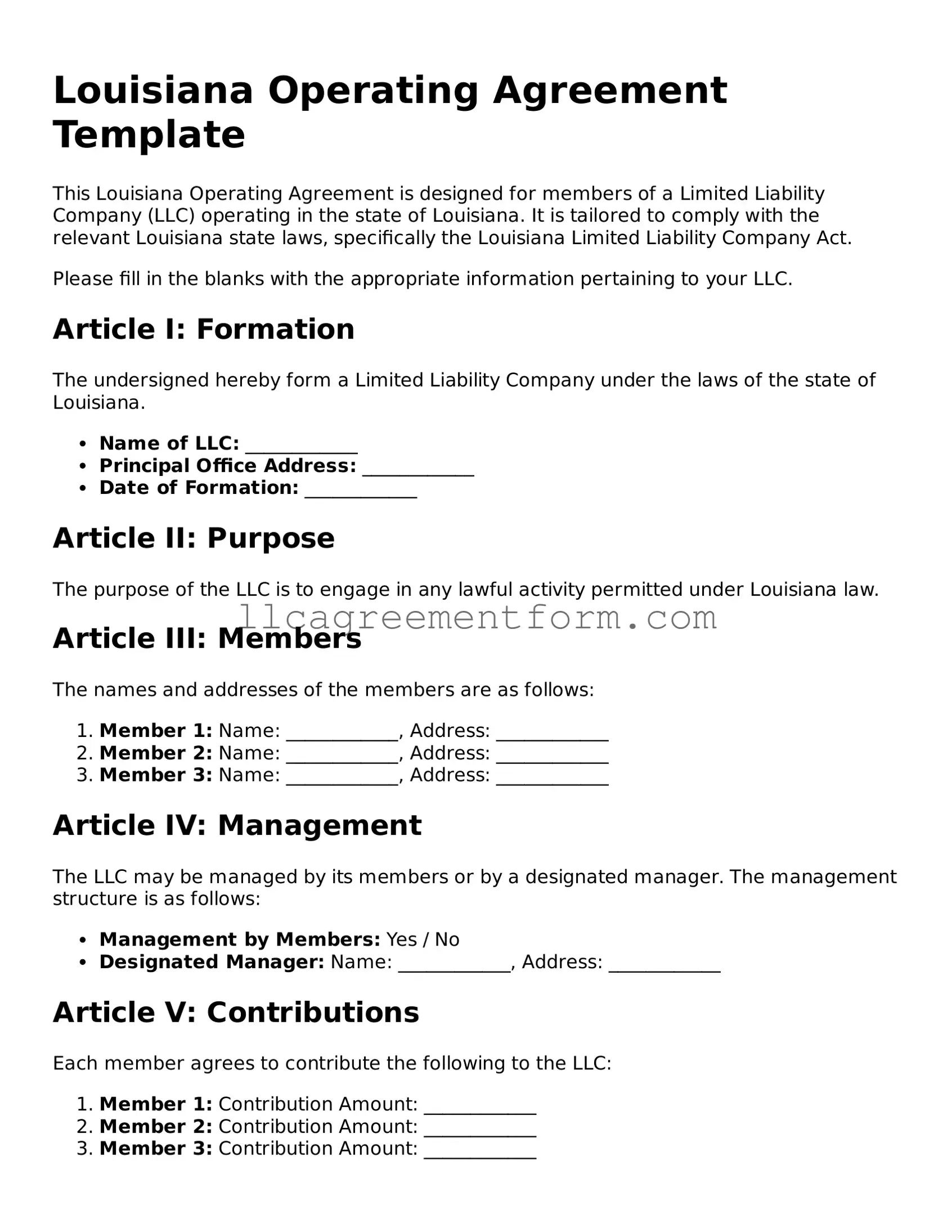 Free  Operating Agreement Document for Louisiana