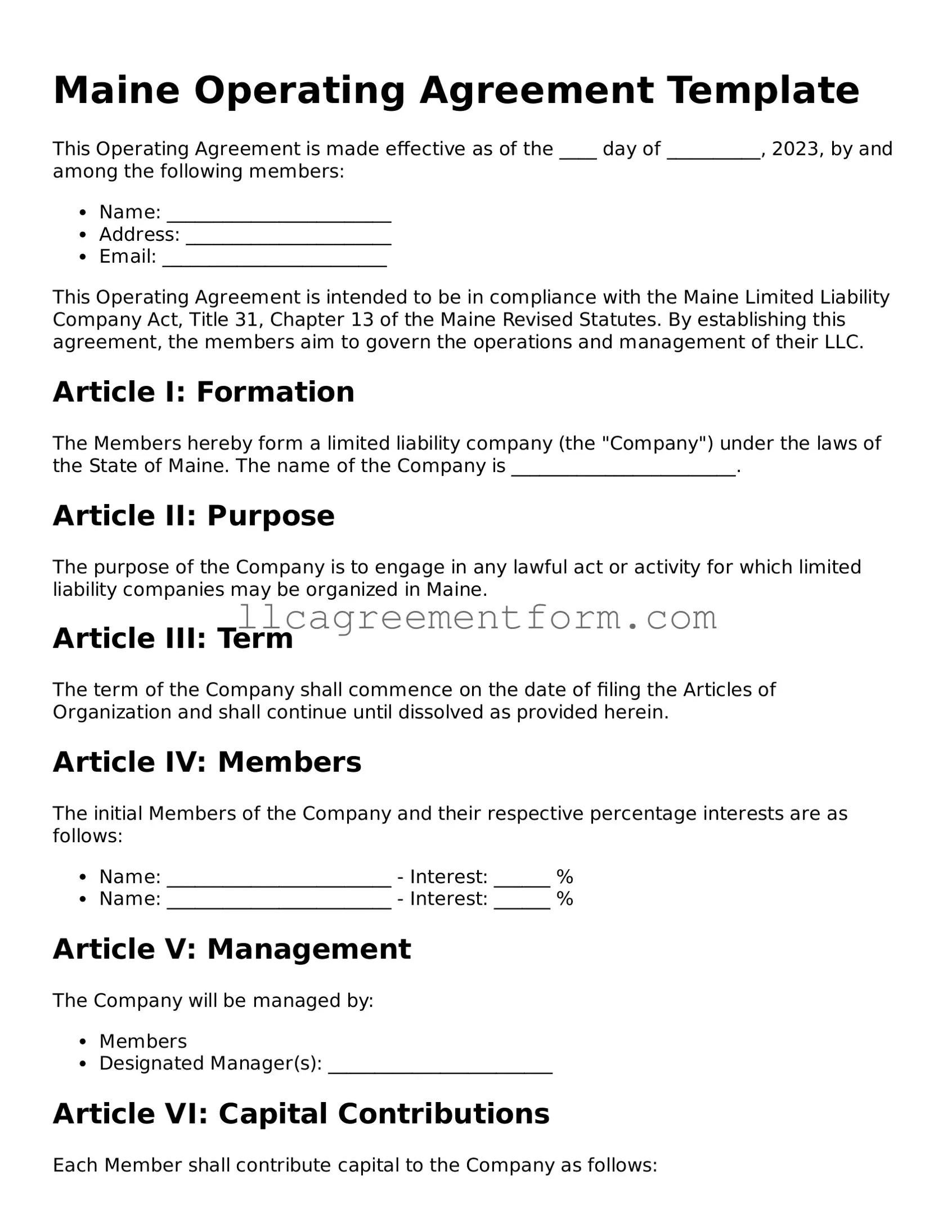 Free  Operating Agreement Document for Maine