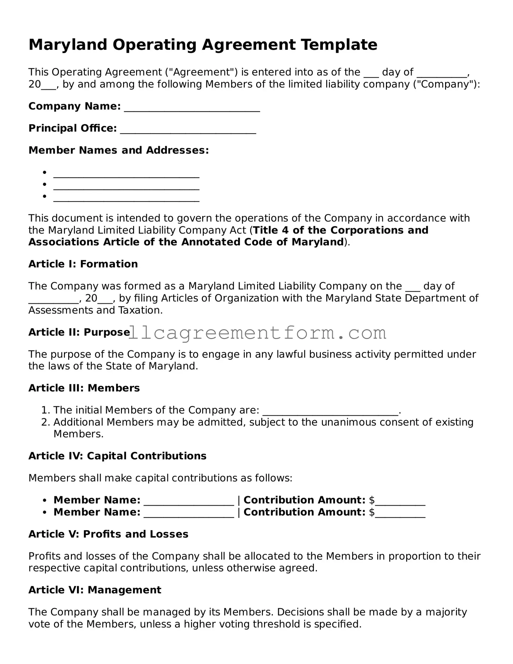 Free  Operating Agreement Document for Maryland