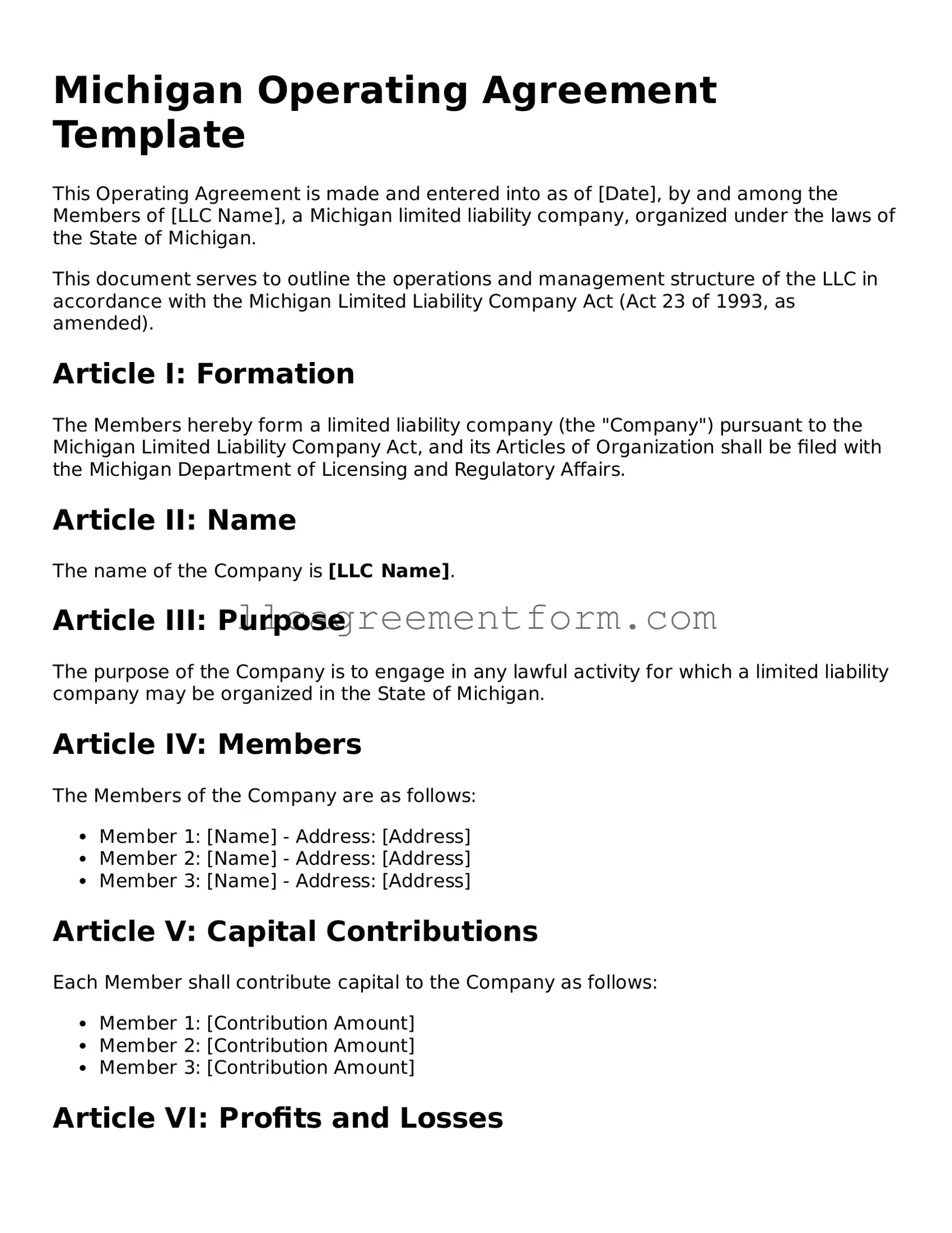 Free  Operating Agreement Document for Michigan