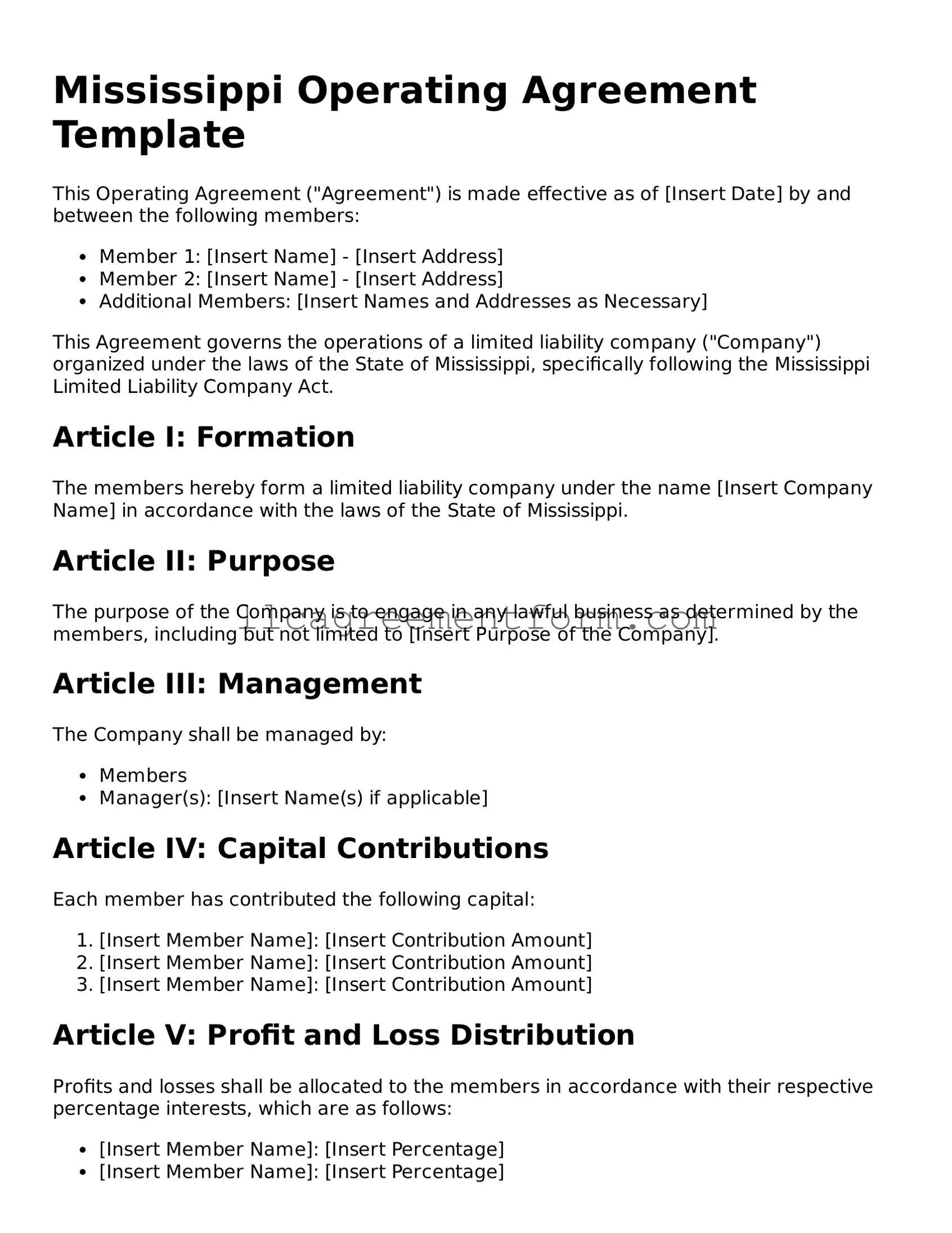 Free  Operating Agreement Document for Mississippi
