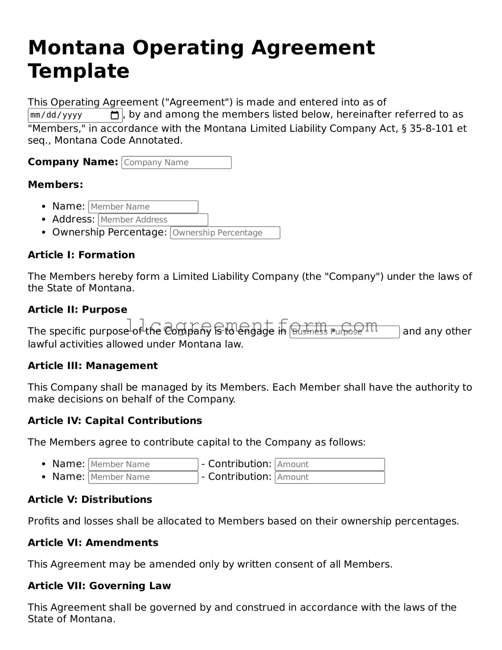 Free  Operating Agreement Document for Montana