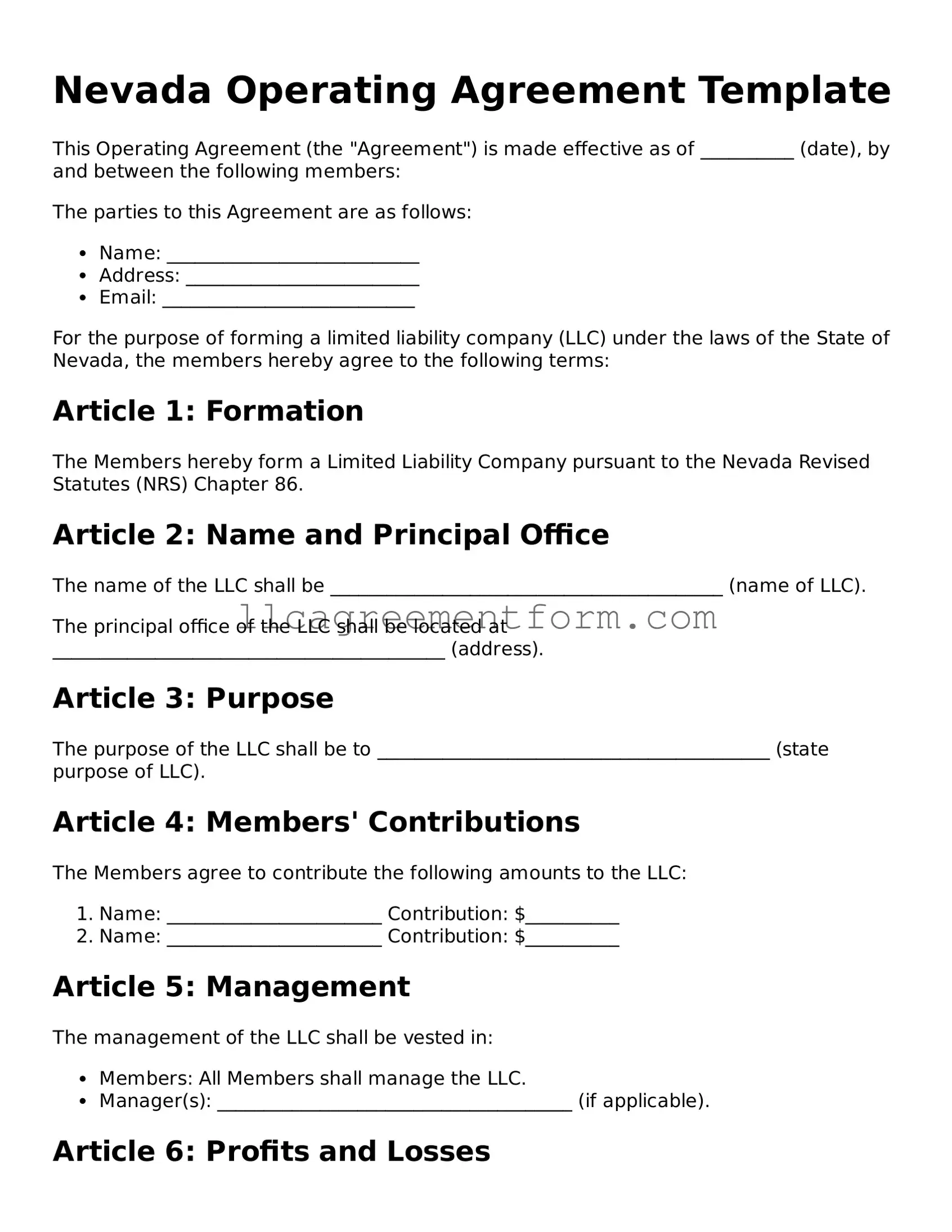 Free Operating Agreement Document for Nevada