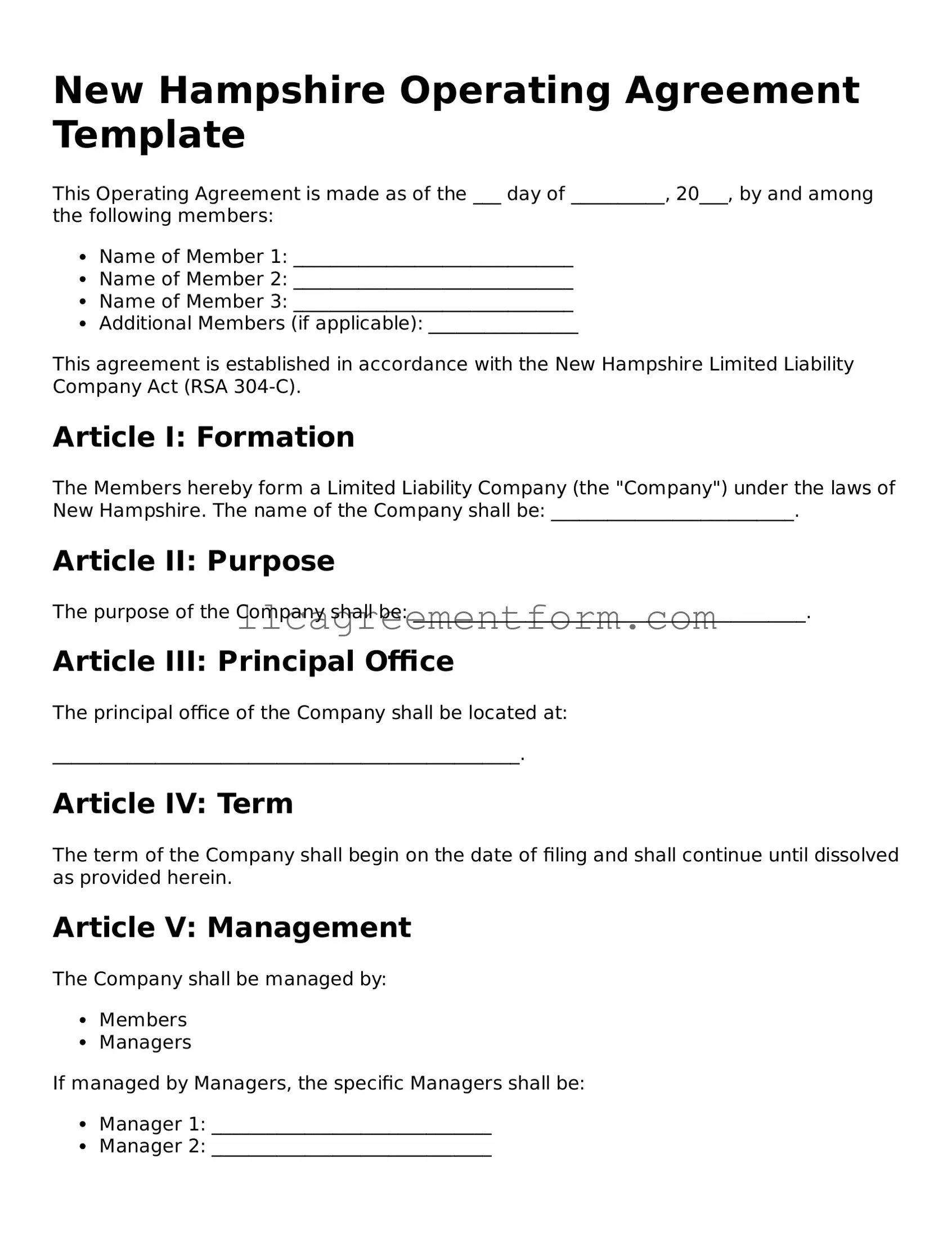 Free  Operating Agreement Document for New Hampshire