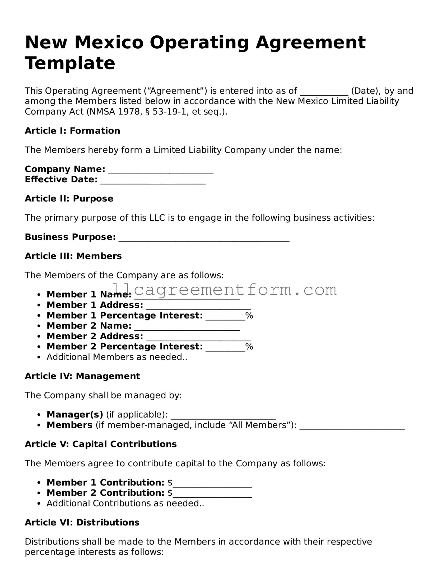 Free  Operating Agreement Document for New Mexico