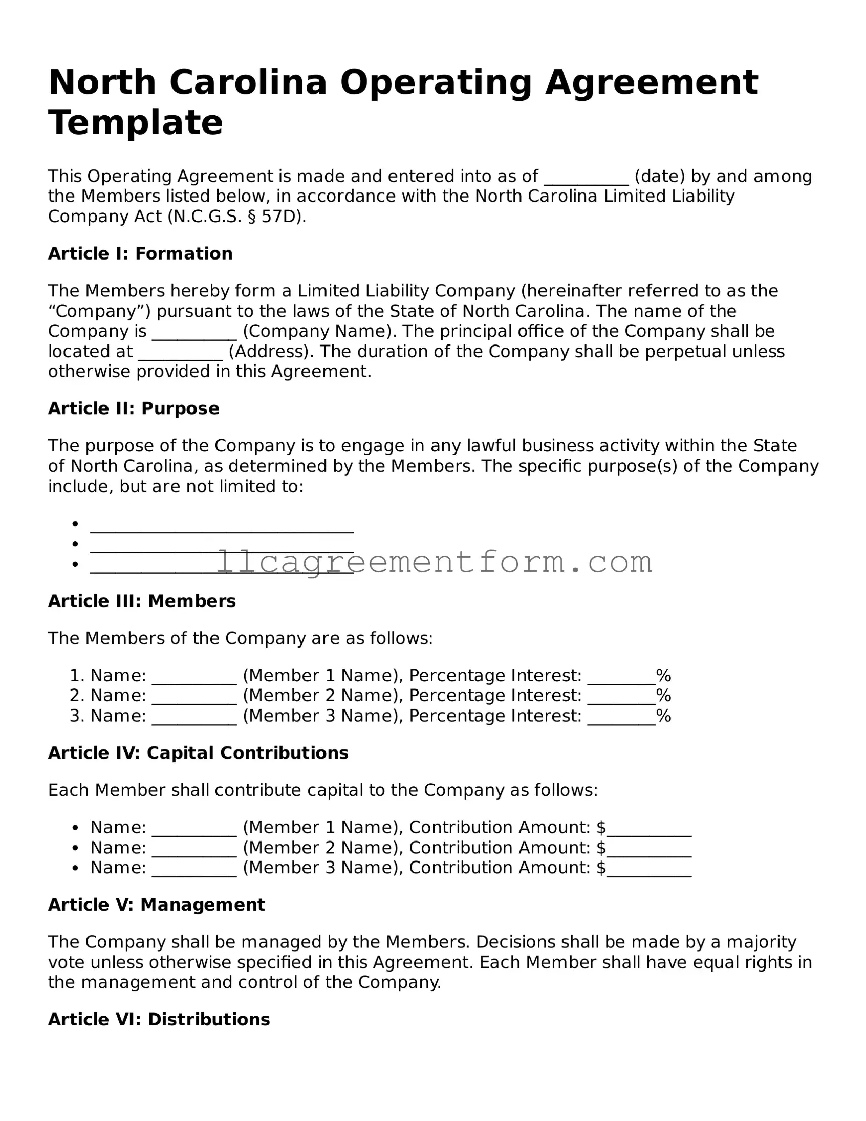 Free  Operating Agreement Document for North Carolina