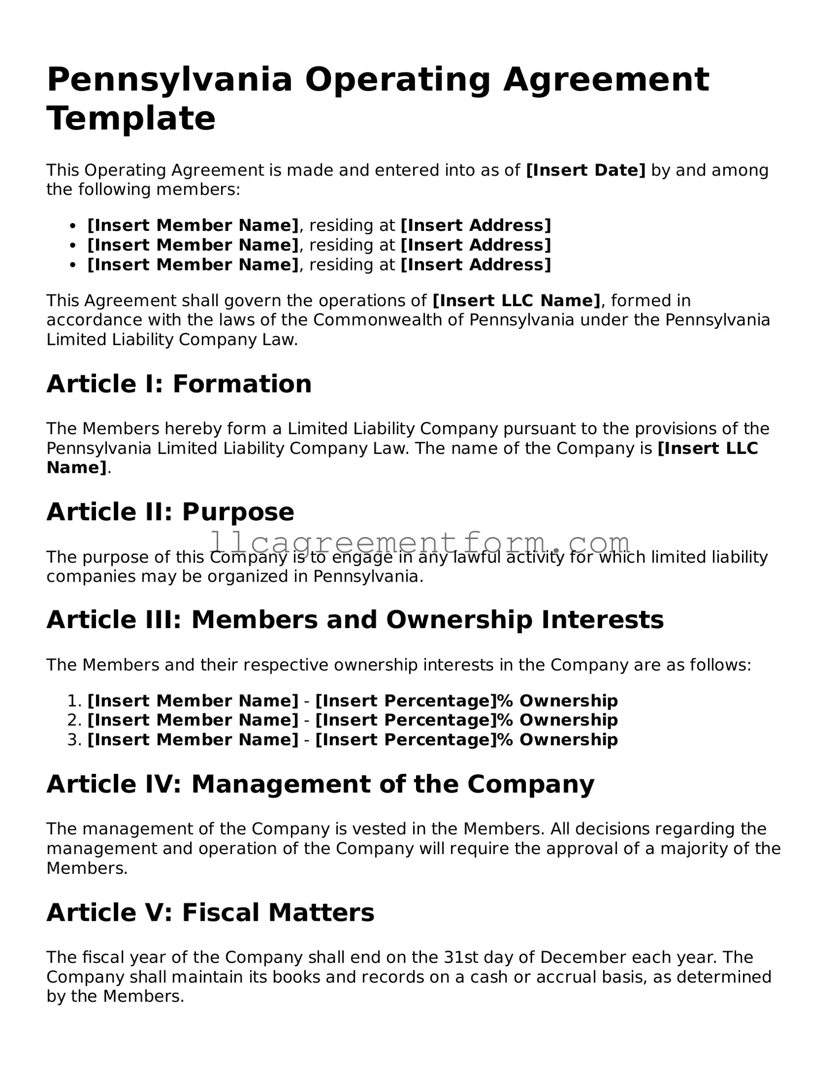 Free  Operating Agreement Document for Pennsylvania