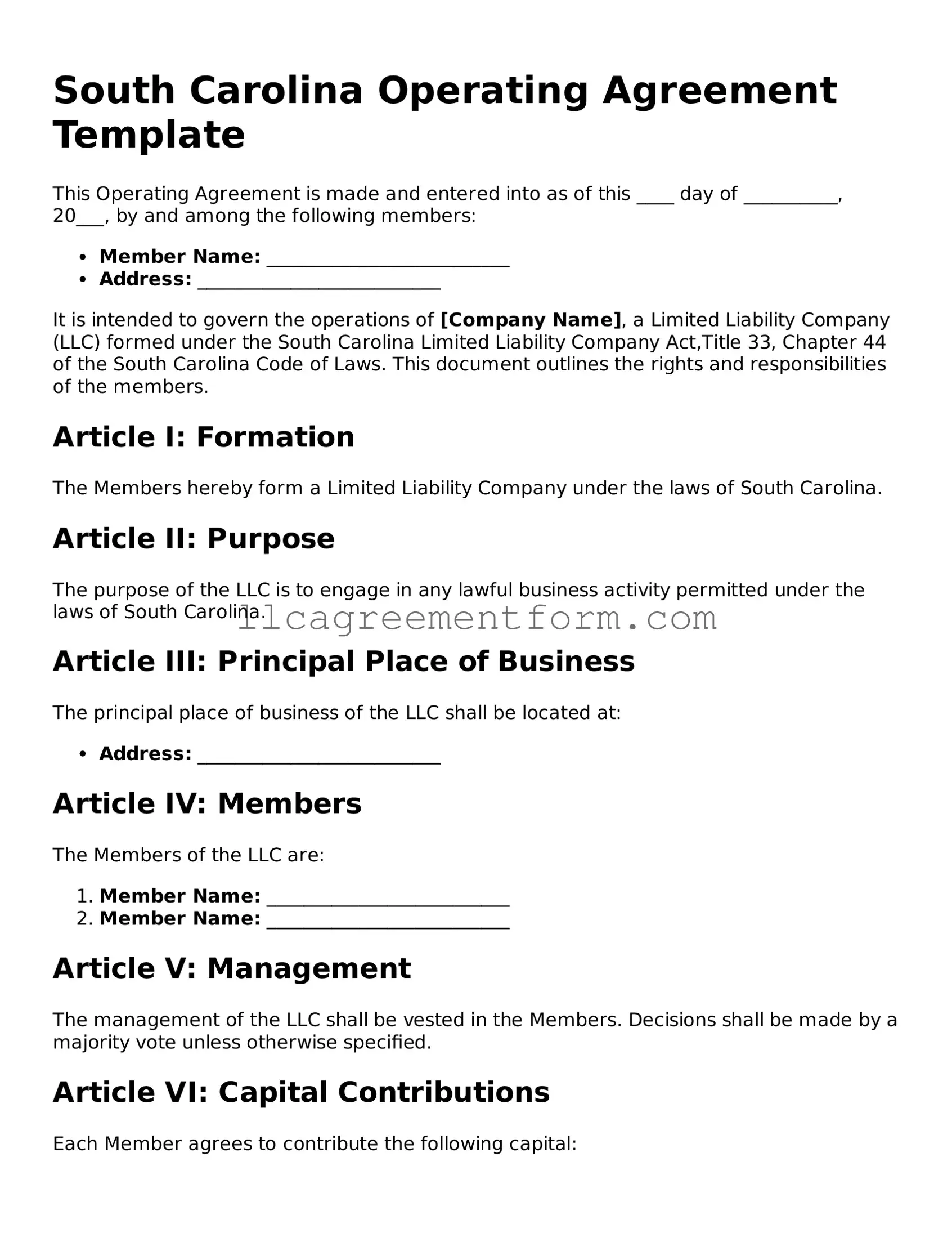 Free  Operating Agreement Document for South Carolina