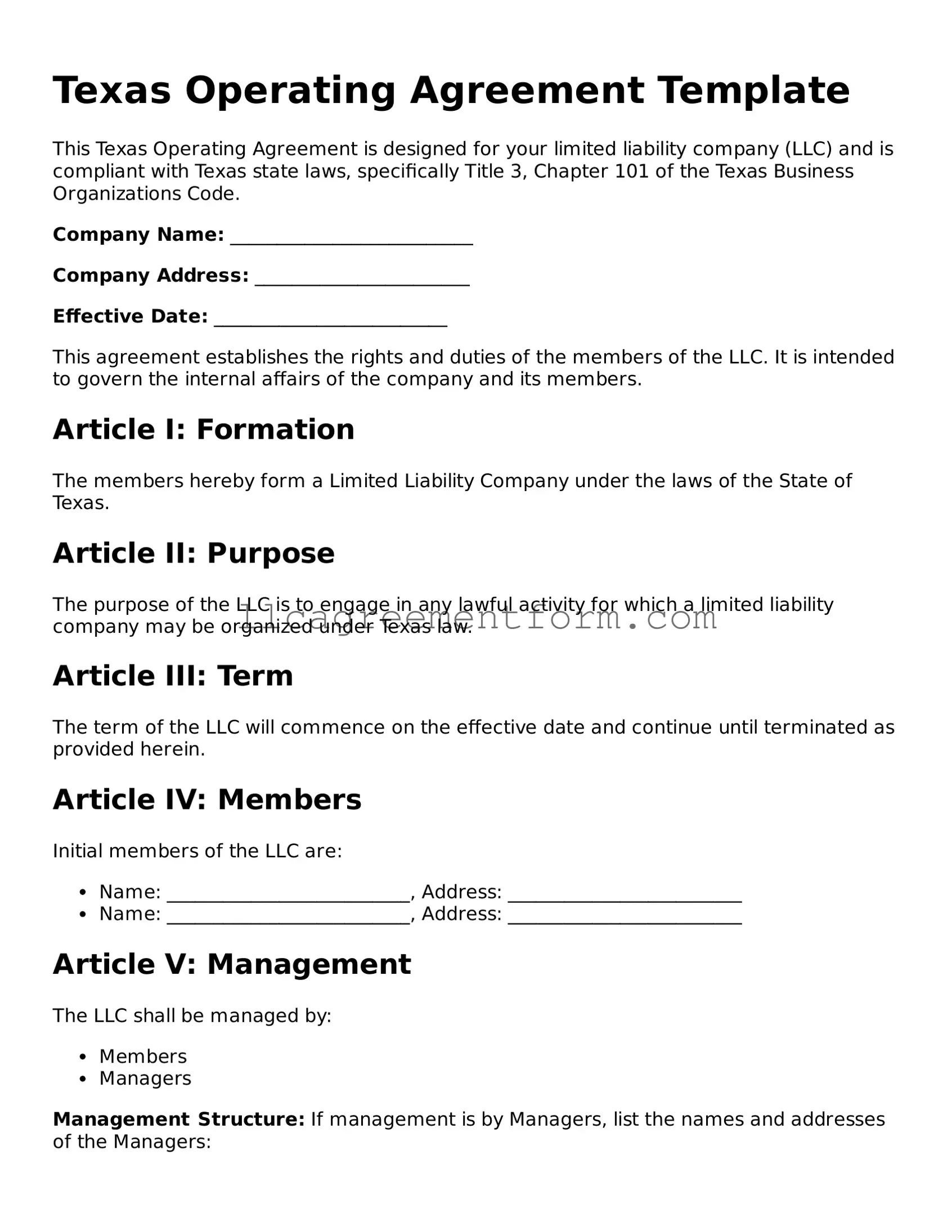 Free Operating Agreement Document for Texas