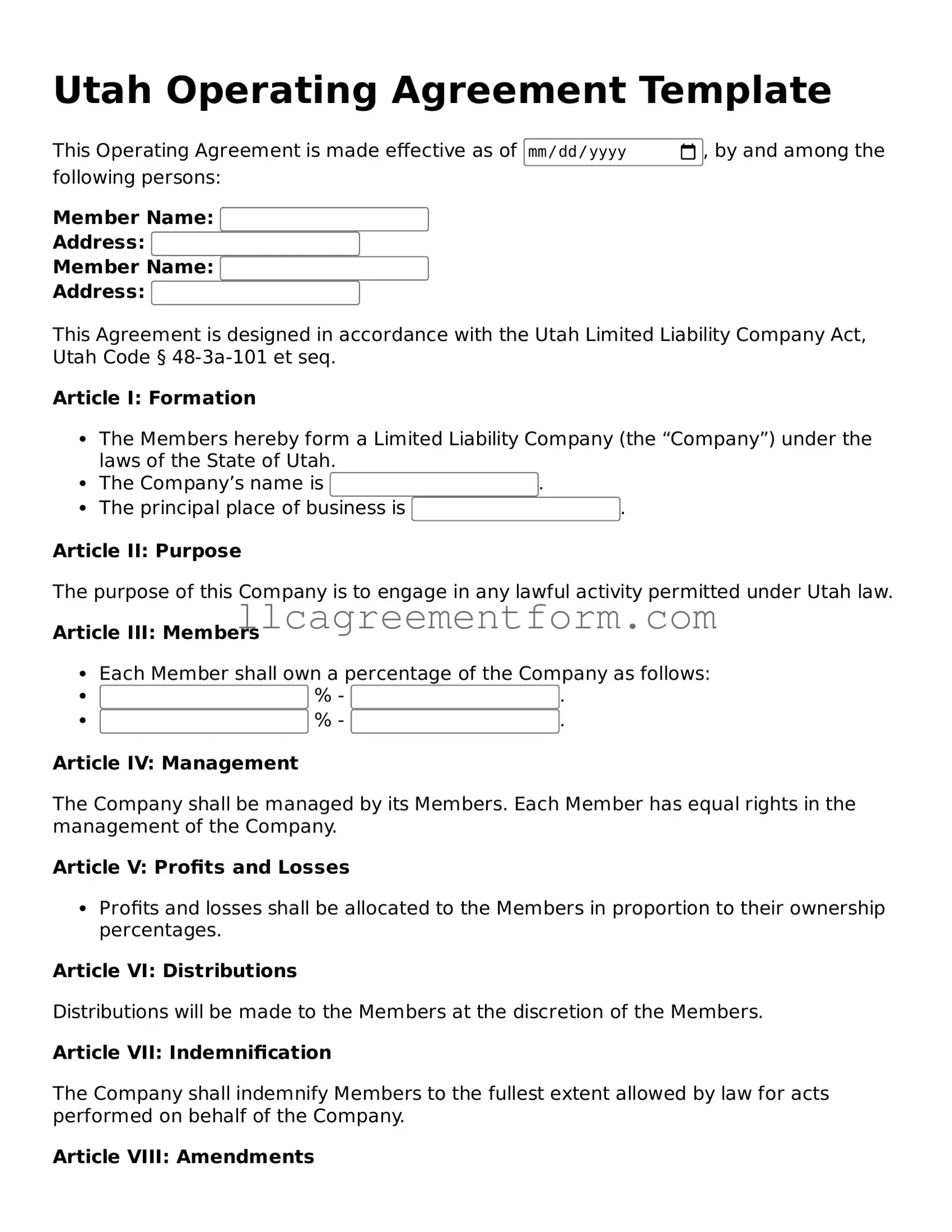 Free  Operating Agreement Document for Utah