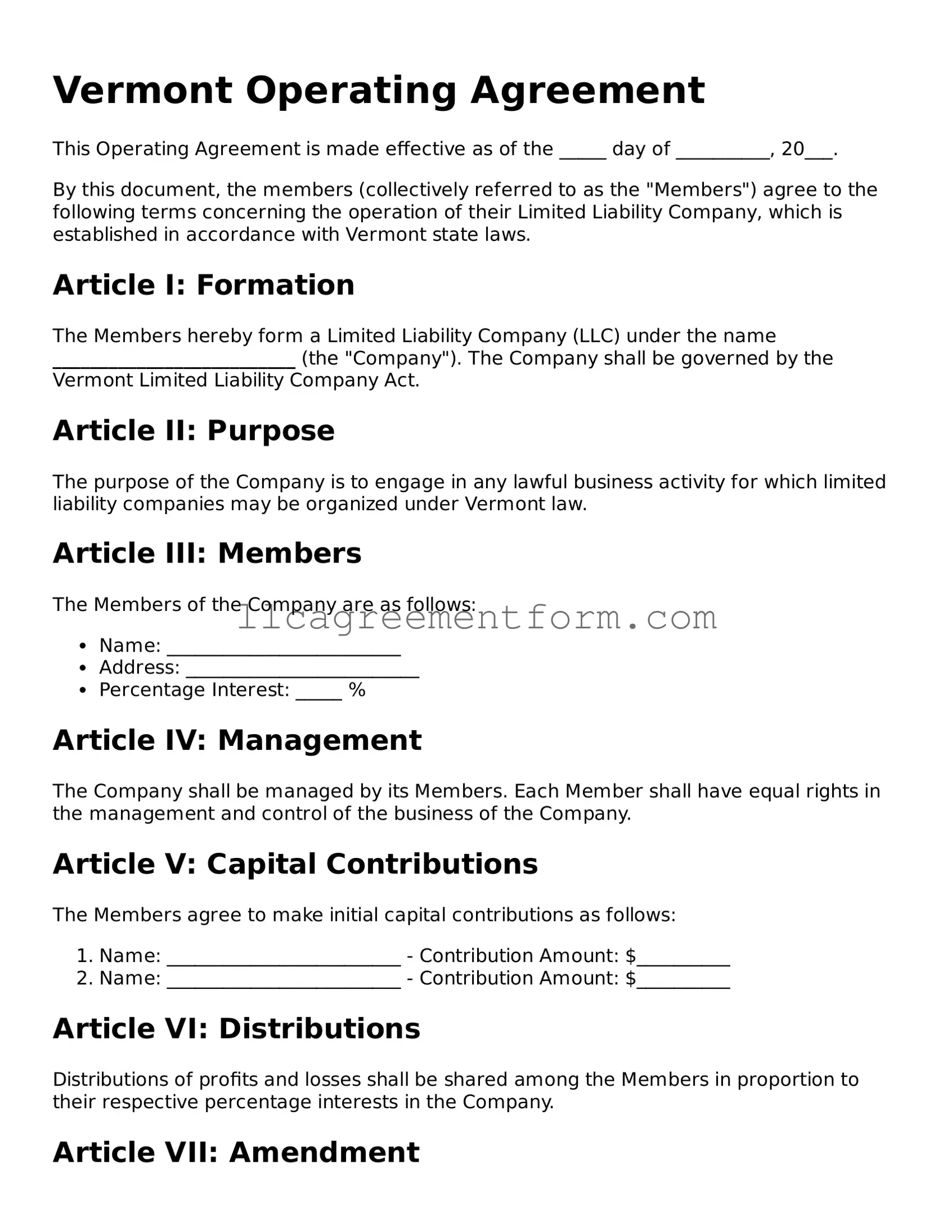 Free  Operating Agreement Document for Vermont