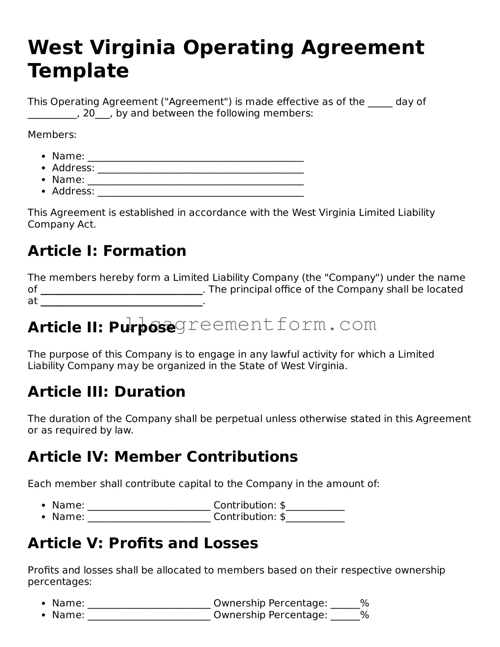 Free  Operating Agreement Document for West Virginia
