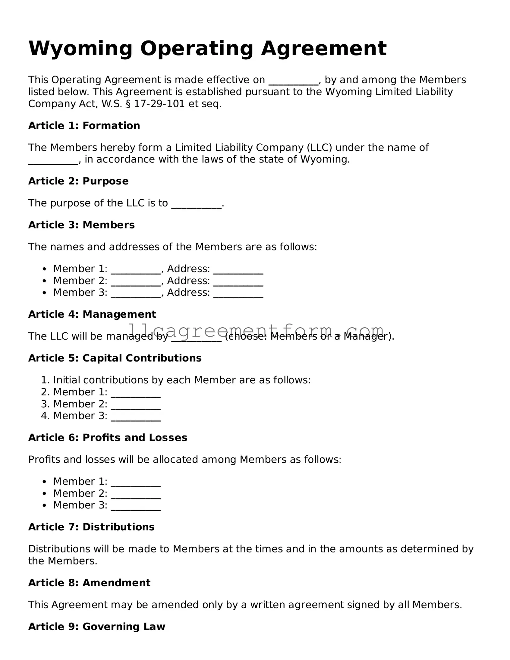 Free  Operating Agreement Document for Wyoming